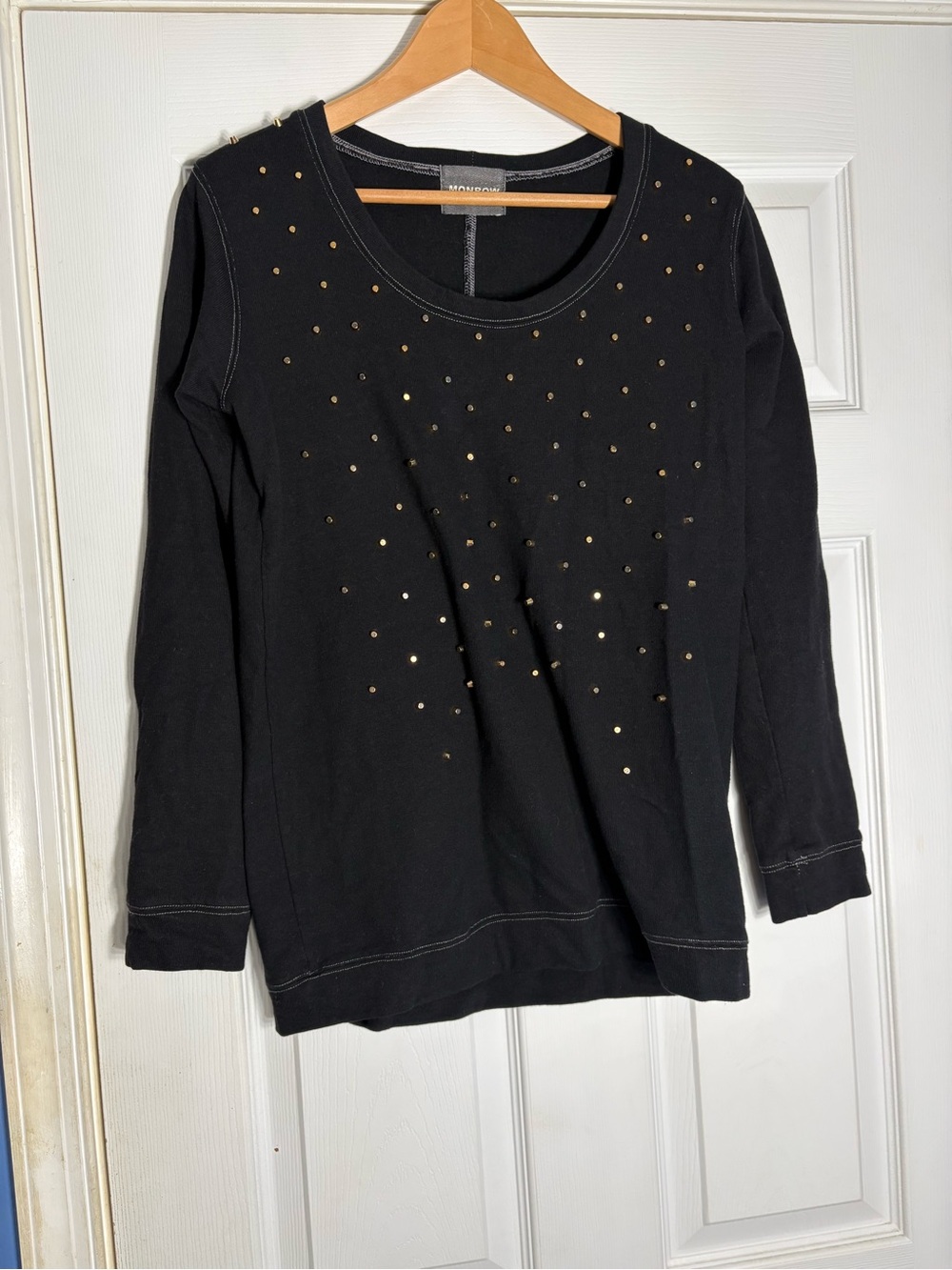 Monrow Black Long-Sleeve Sweatshirt with Gold Studs
